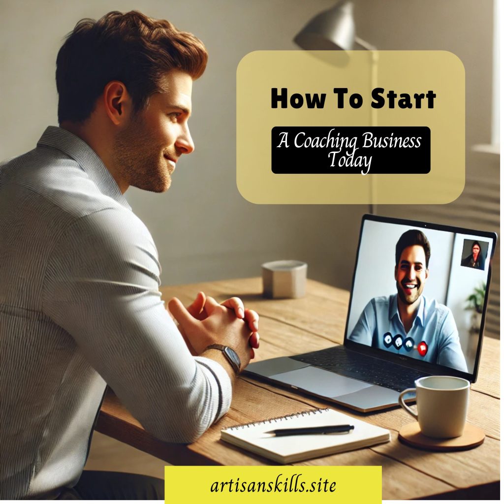 a coach sitting onthe table having a virtual meeting with his client